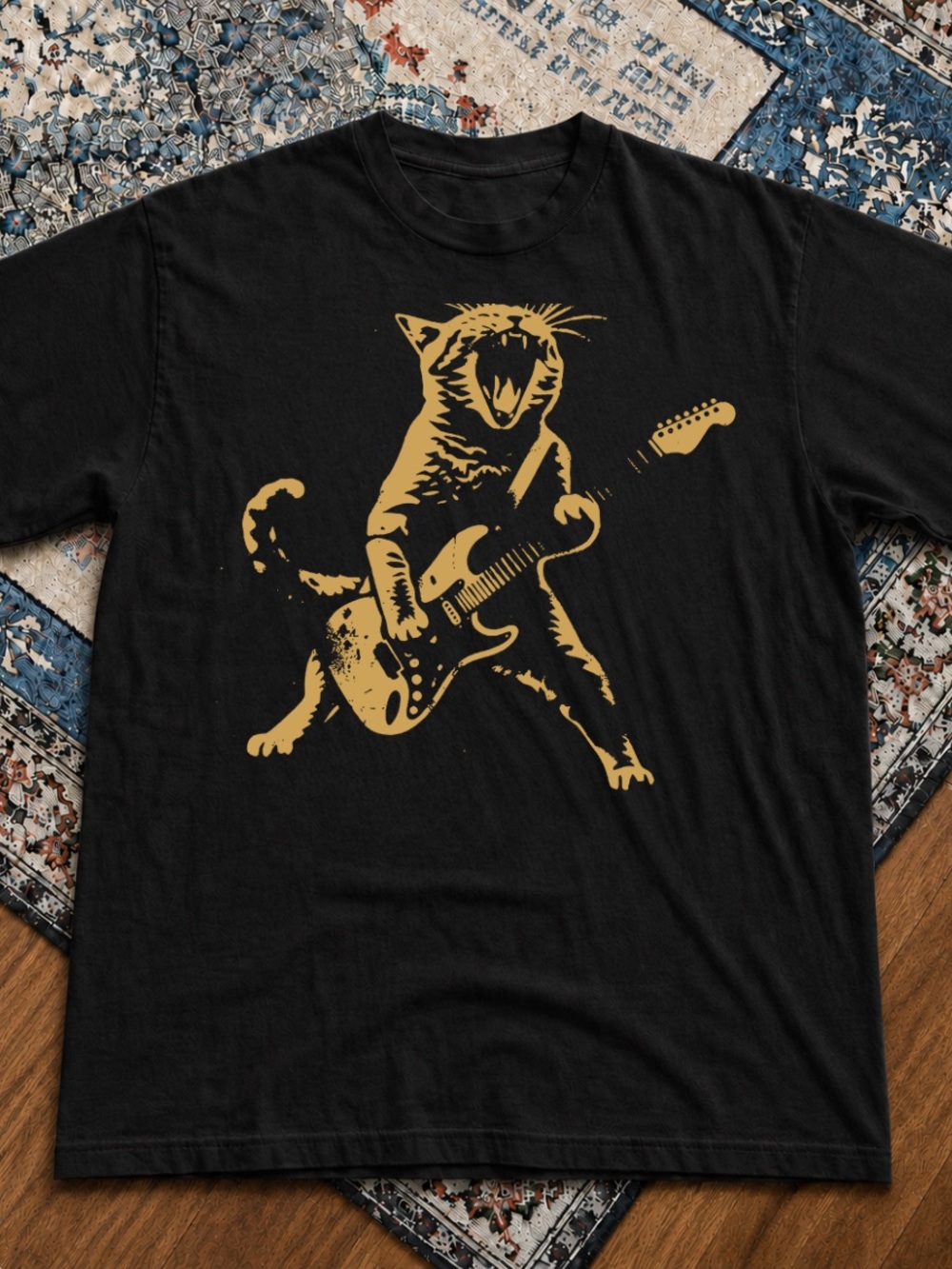Gildan Black Tee with Gold Cat Guitar Graphic